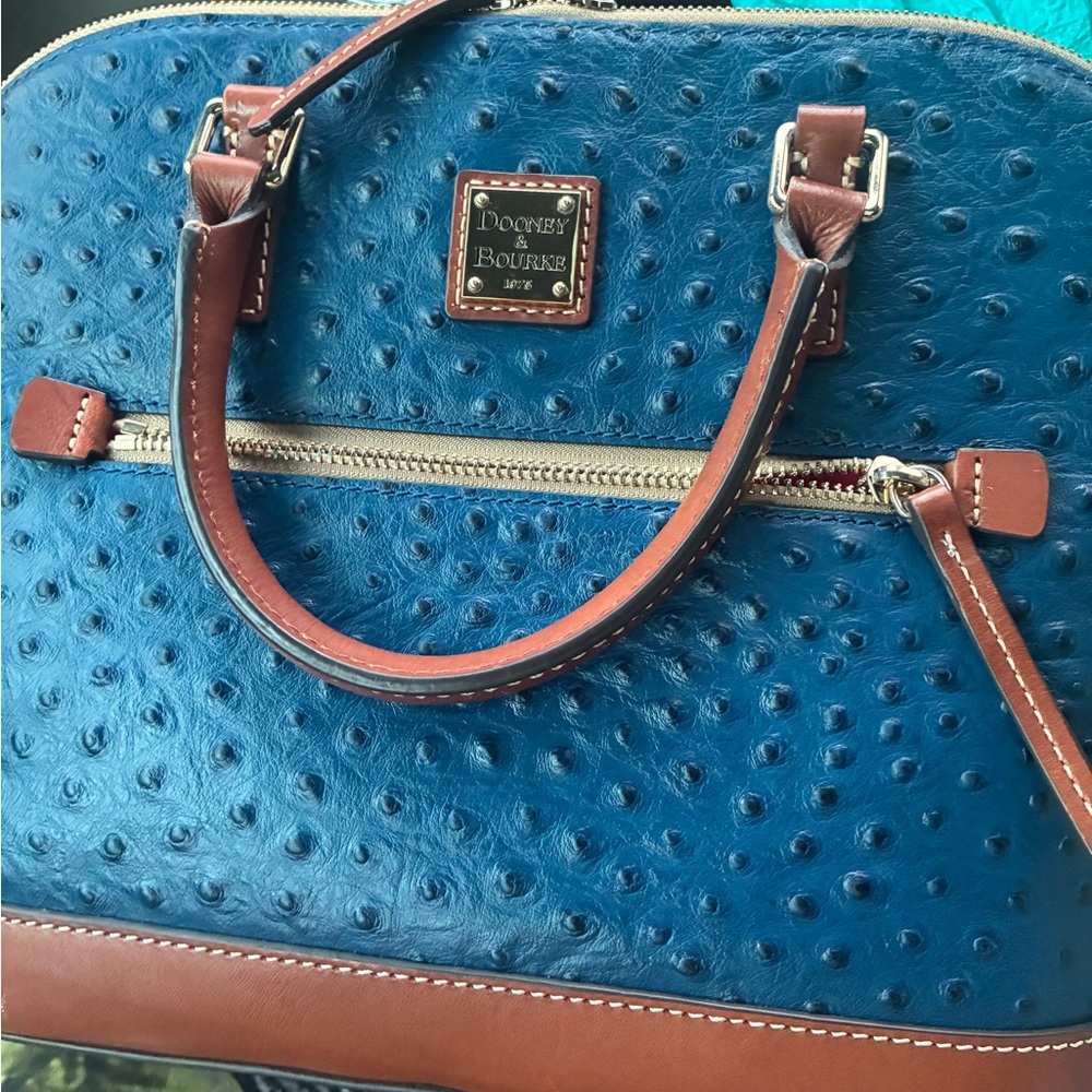 Dooney & Bourke Teal Ostrich-Embossed Satchel with Brown Trim